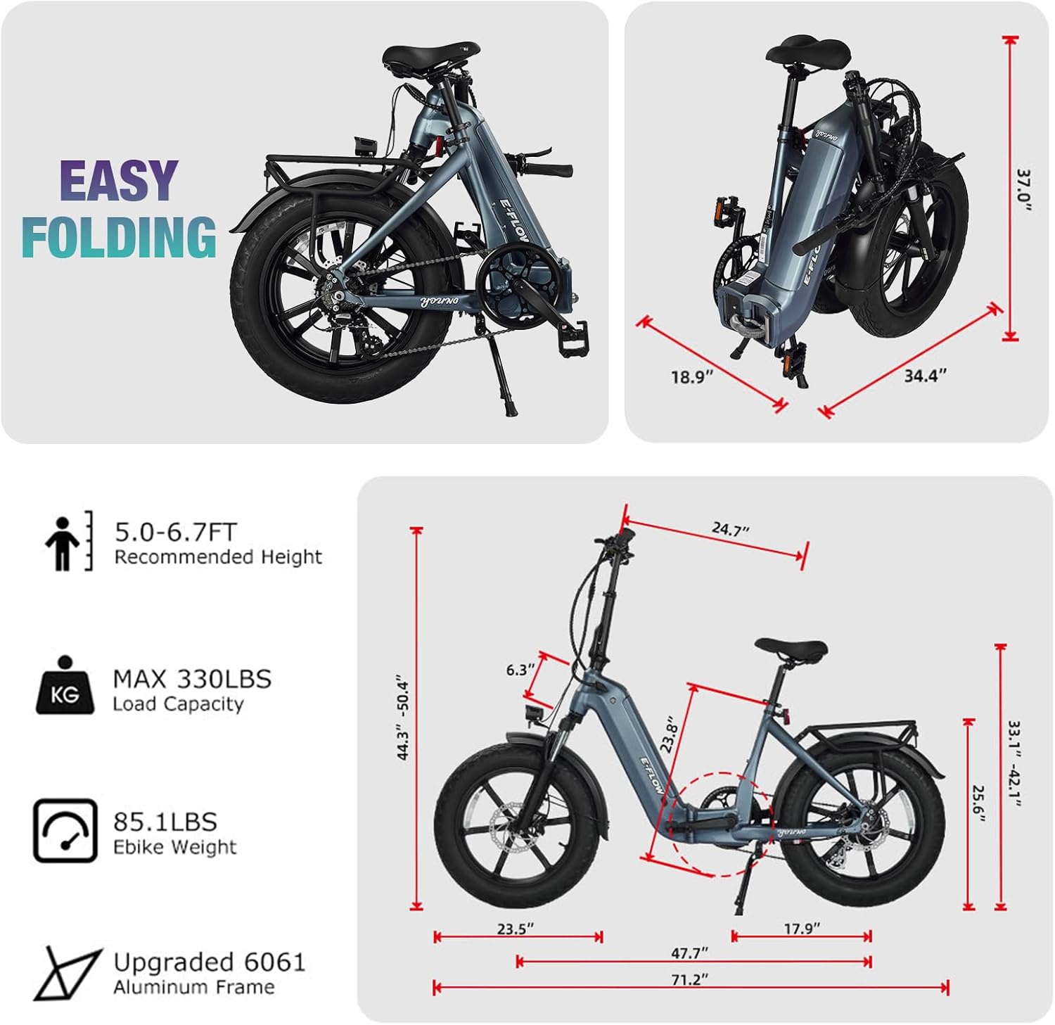 SDU 750W Peak 1000W Folding Ebike, Young Electric Bike E-Flow 48V/20Ah Hidden Removable Battery, Up to 90 Miles 28 Mph, 20''x4.0'' Fat Tire Commute Moutain Fast Cargo E-Bike for Adults