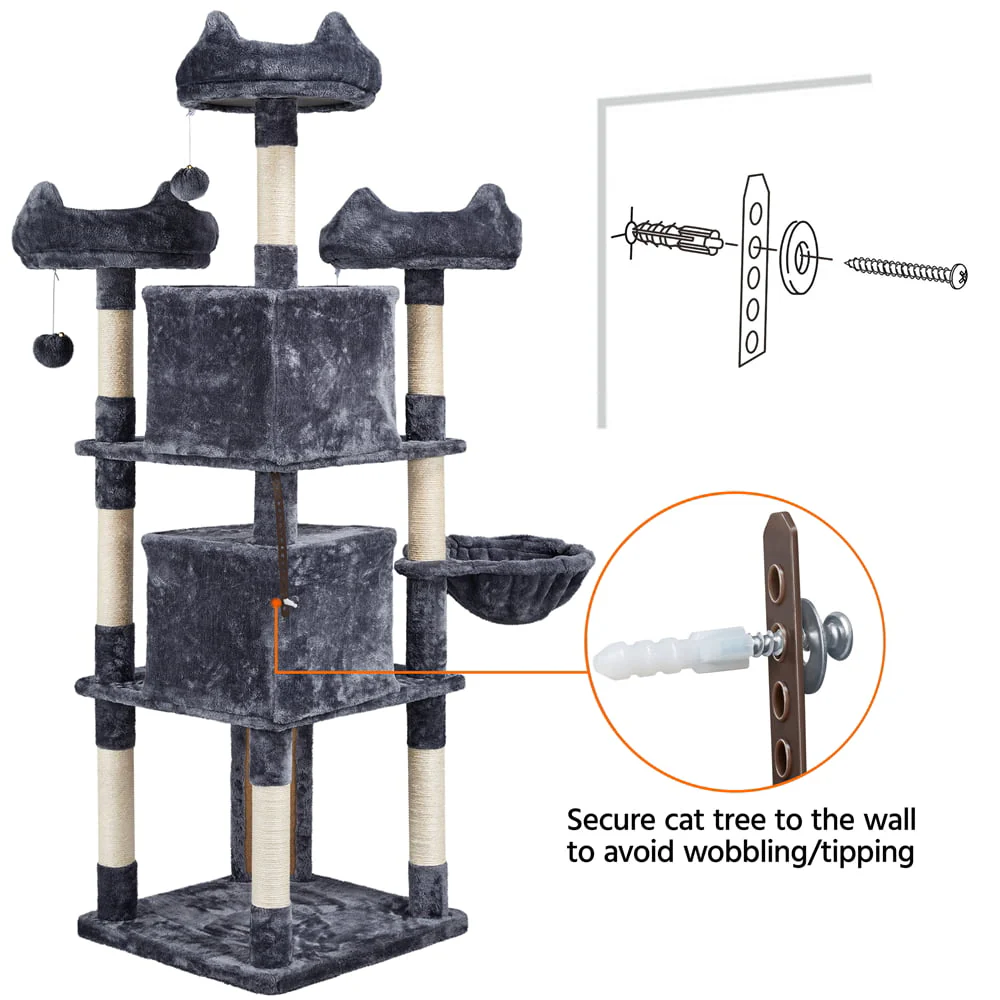 Árbol para Gato de Gran Formato Topeakmart 175 cm con 2 Cuevas y Rascadores, Gris Oscuro