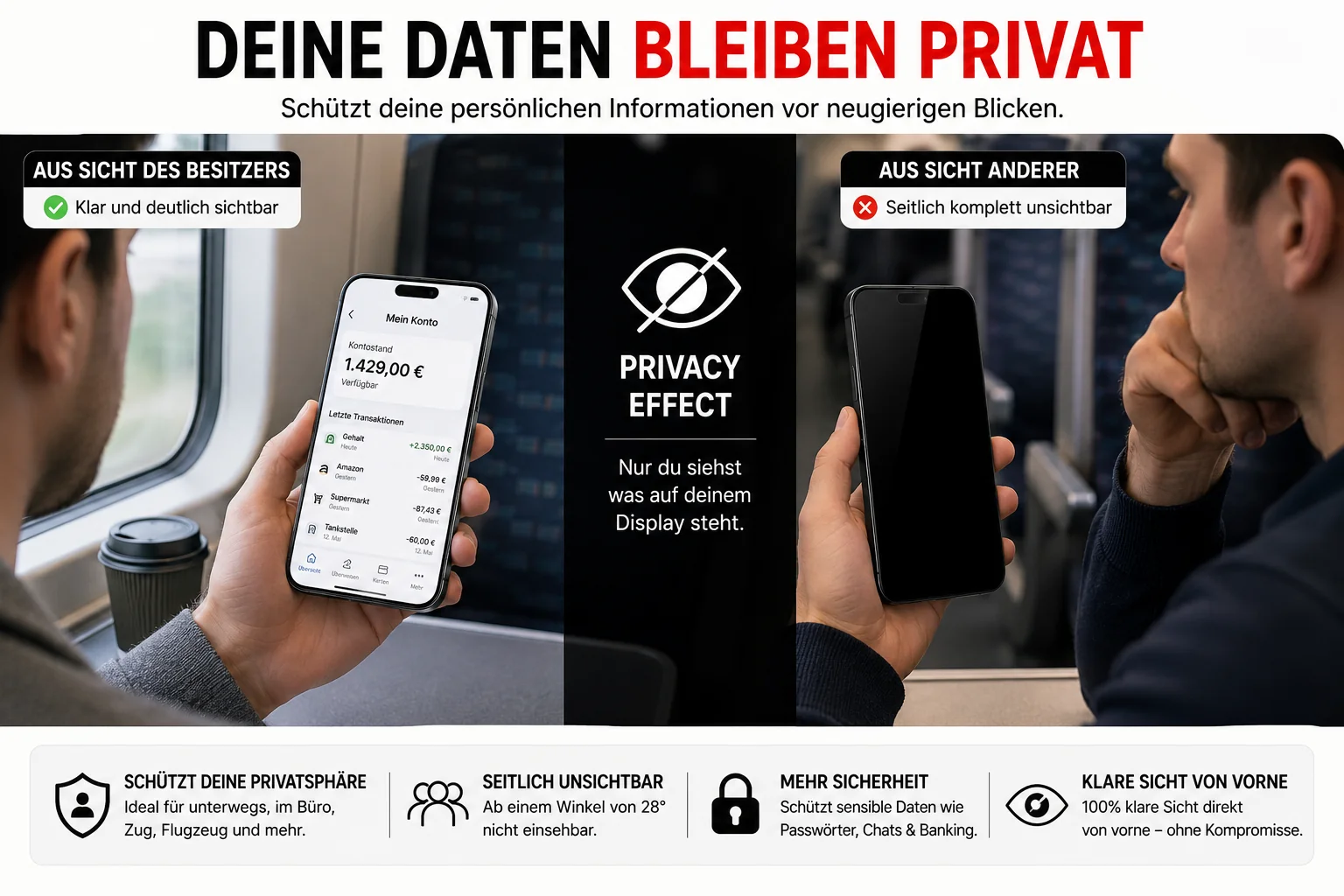 Privacy Displayschutzglas f��r iPhone | 9H Schutzglas mit Sichtschutz | Anti Spy