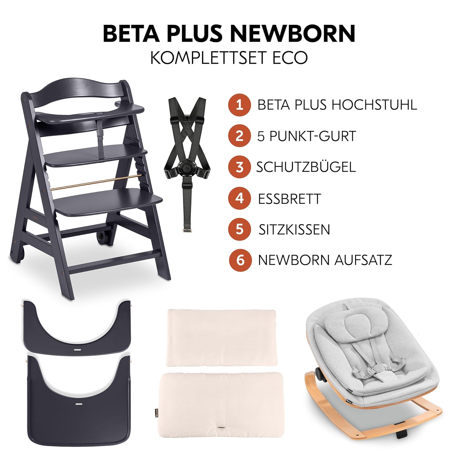 hauck Hochstuhl Beta+ Newborn Set Eco Bouncer - mitwachsender Holz Babyhochstuhl ab Geburt, inkl. Neugeborenenaufsatz, Sitzpolster und Essbrett - Dark Grey