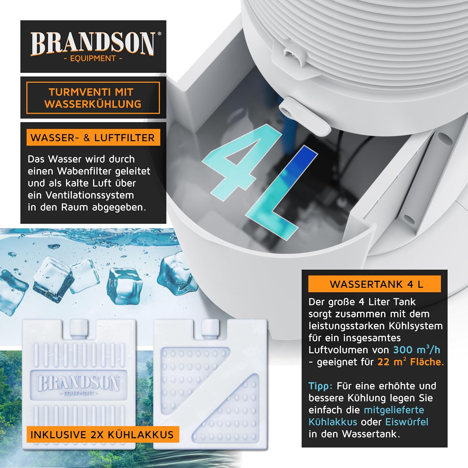 Brandson - Turmventilator mit Wasserkühlung - Preisträger 2025 - Verdunstungskühler - Luftkühler - Ventilator - mobile Klimaanlage ohne Abluftschlauch - 5 in 1 - leise - 4,6 L Wassertank - weiß