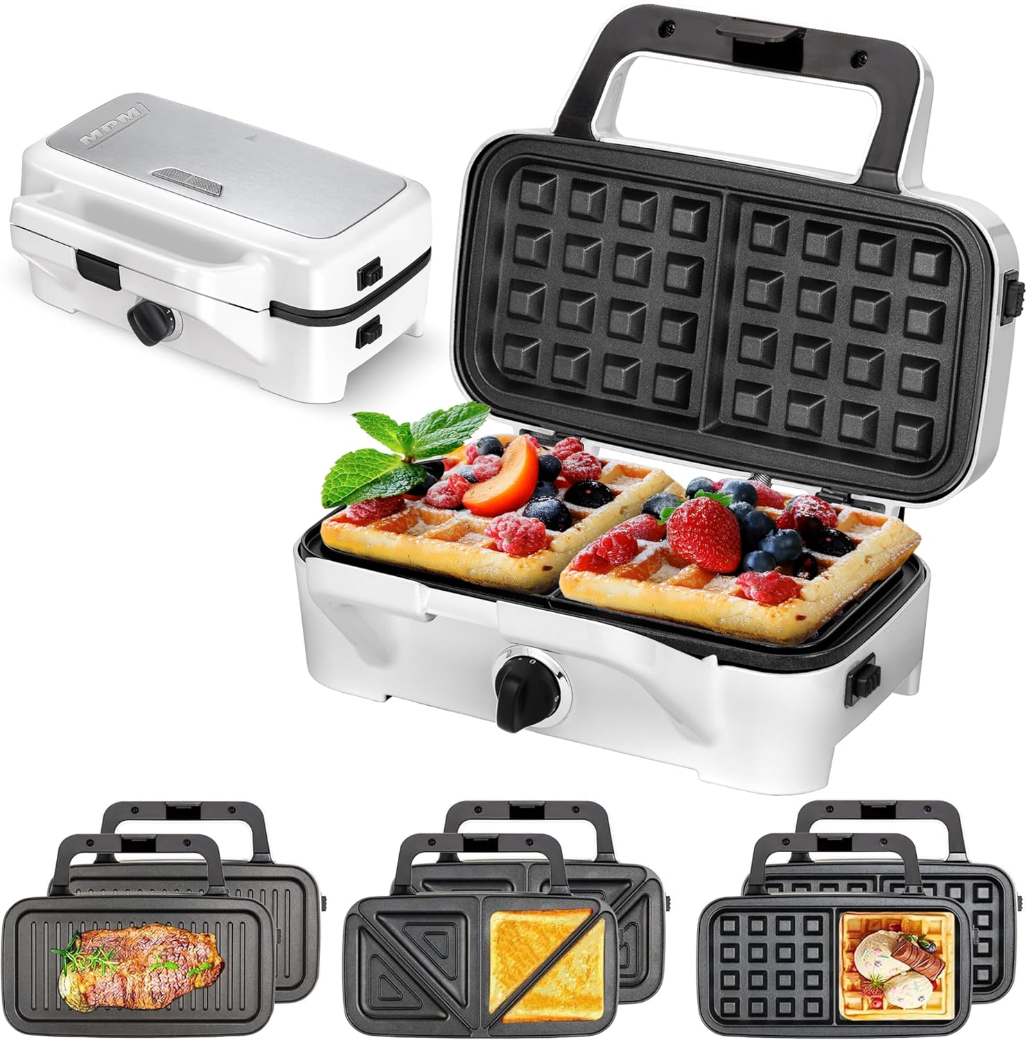 MPM MOP-33M 3-i-1 smörgåsmaskin, utbytbara tallrikar, smörgåsar, belgiskt våffeljärn, grillplatta, kontaktgrill för kött och fisk, temperaturkontroll, 1200 W, vit