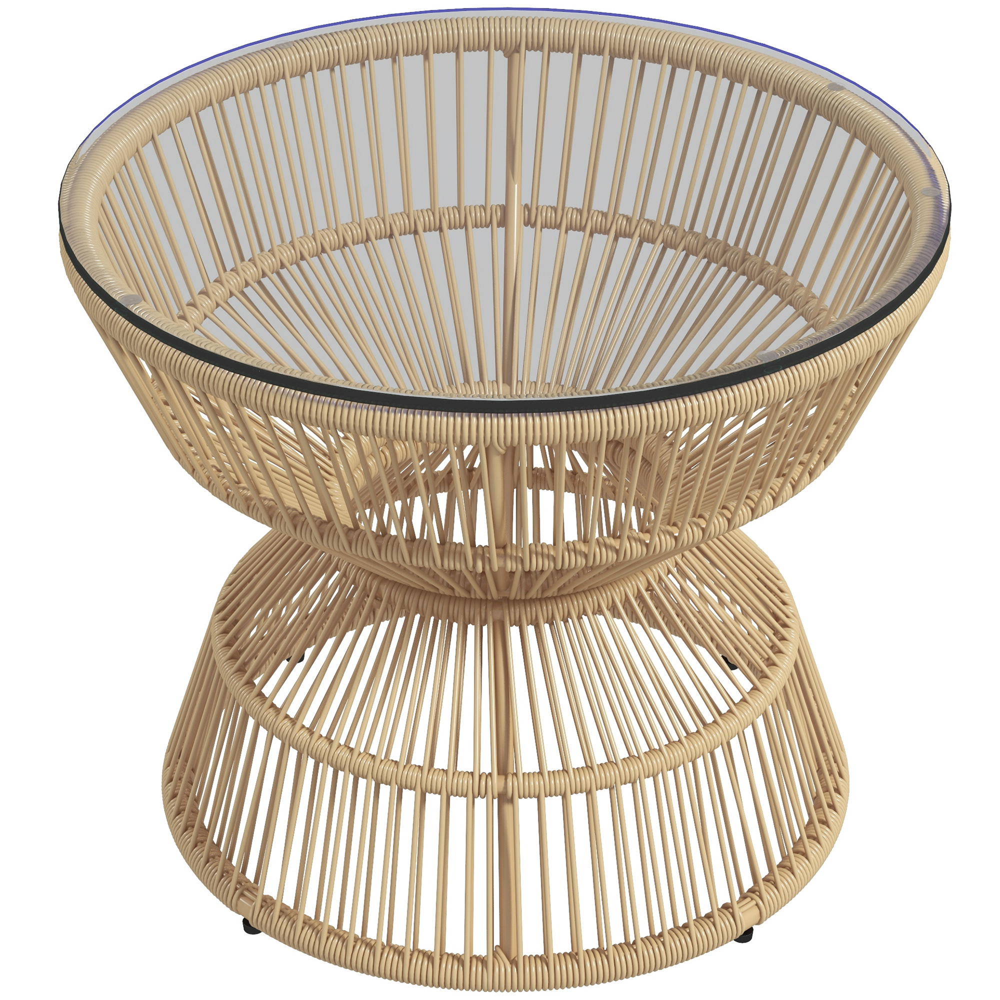 Outsunny Buitentafel Bijzettafel Tuinmeubel Rattan Bijzettafel, Glazen Blad, PE-Rattan, 60 cm x 60 cm x 50 cm, Natuurlijk