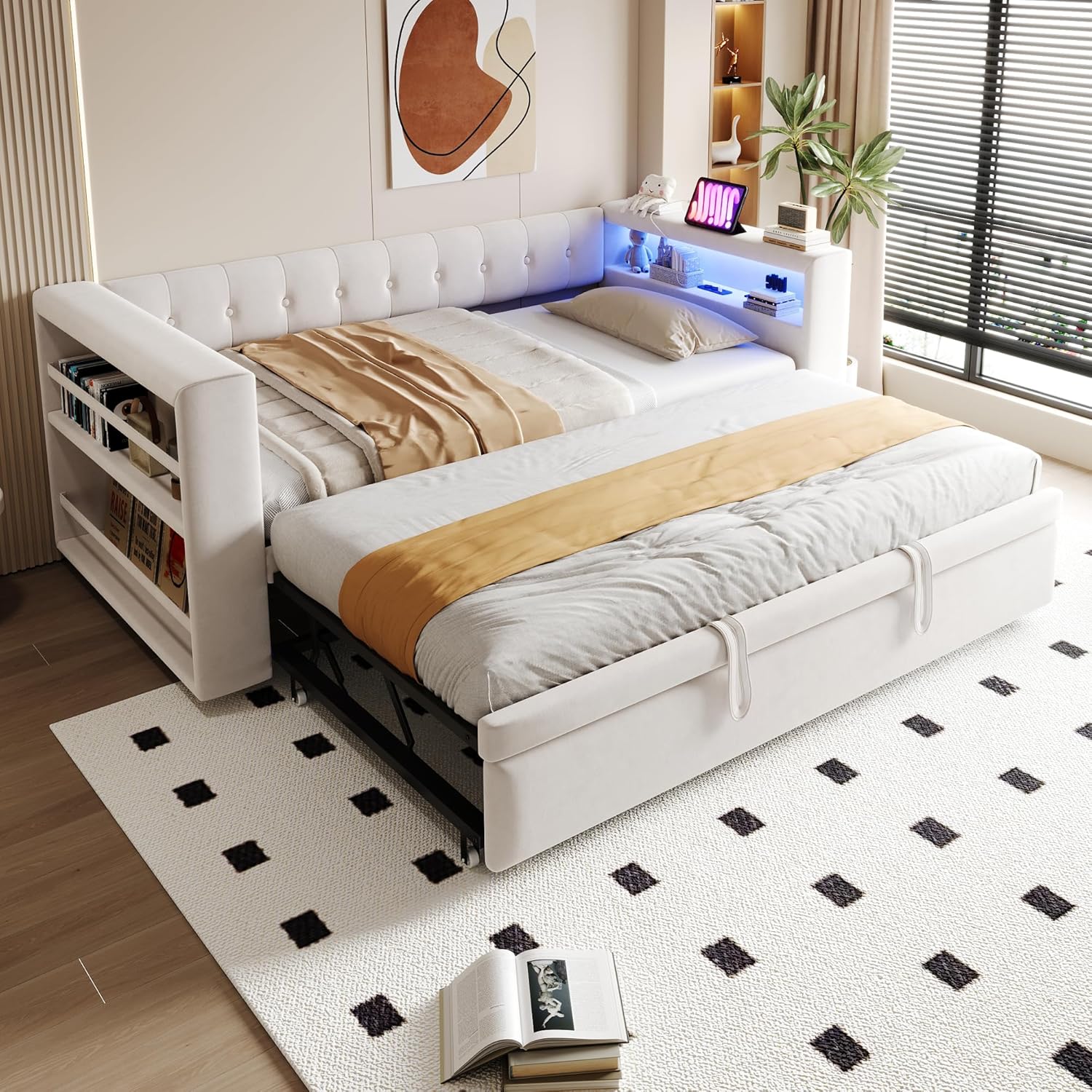 Cama tapizada 90/180 × 190 cm, con iluminación LED, enchufes y mucho espacio de almacenamiento; cama tapizada, cama individual, sofá cama multifuncional, color beige
