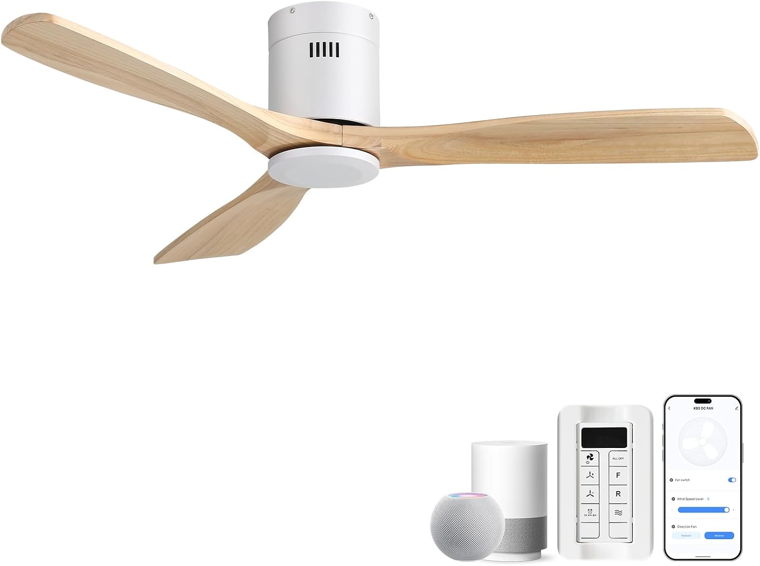 Sofucor Deckenventilator mit Fernbedienung, Deckenventilator aus Massivholz mit 3 Holzlüfterblätter, 132cm, Leise, 6 Geschwindigkeiten, Timer, DC Motor, Sommer-Winterbetrieb für Schlafzimmer
