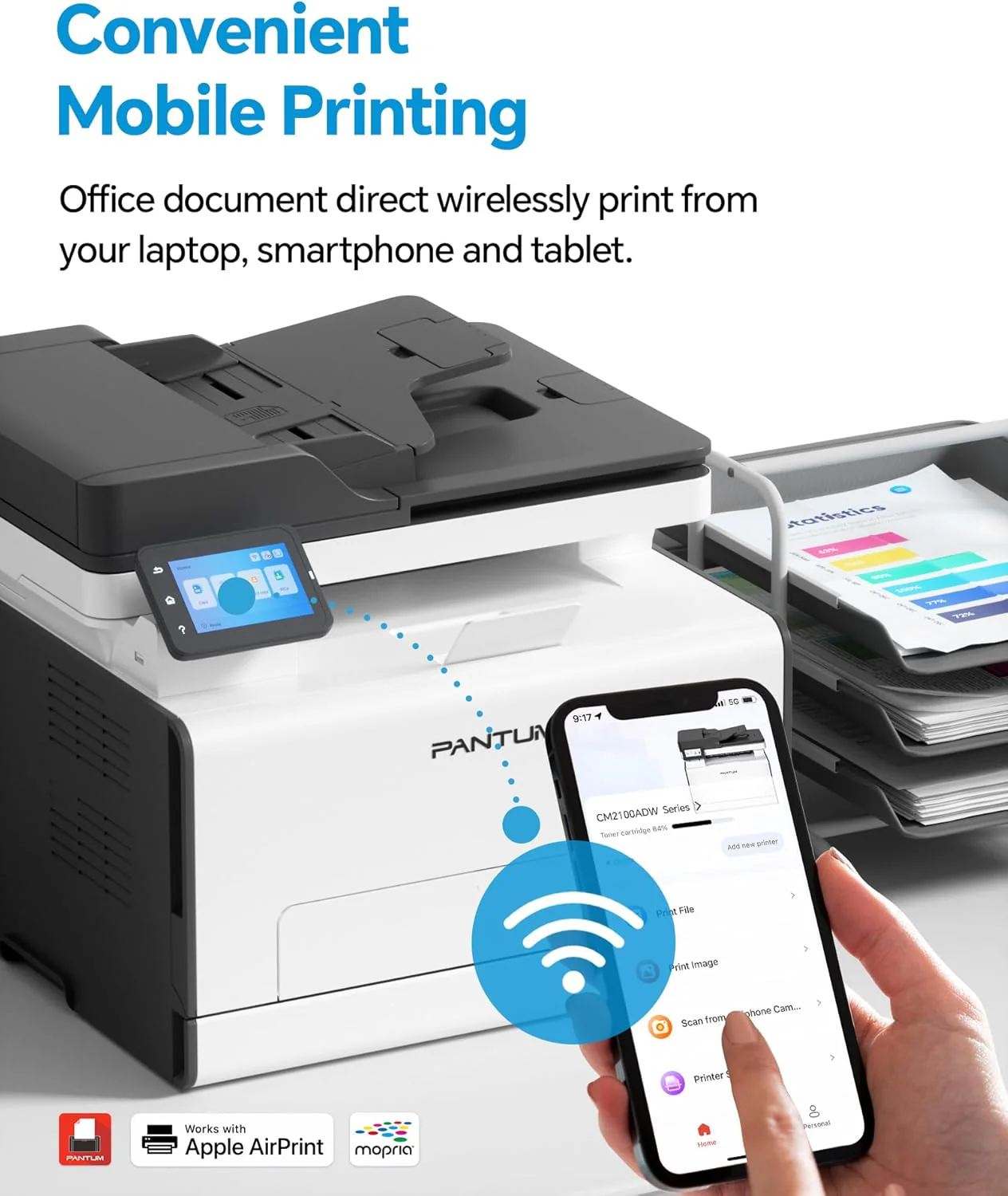 PANTUM CM2100ADW Laserafdruk, kleurenmultifunctionele printer voor afdrukken, kopi?ren en scannen met ADF, automatische dubbelzijdige afdrukken, WLAN NET USB, 20ppm, voor thuis en op kantoor