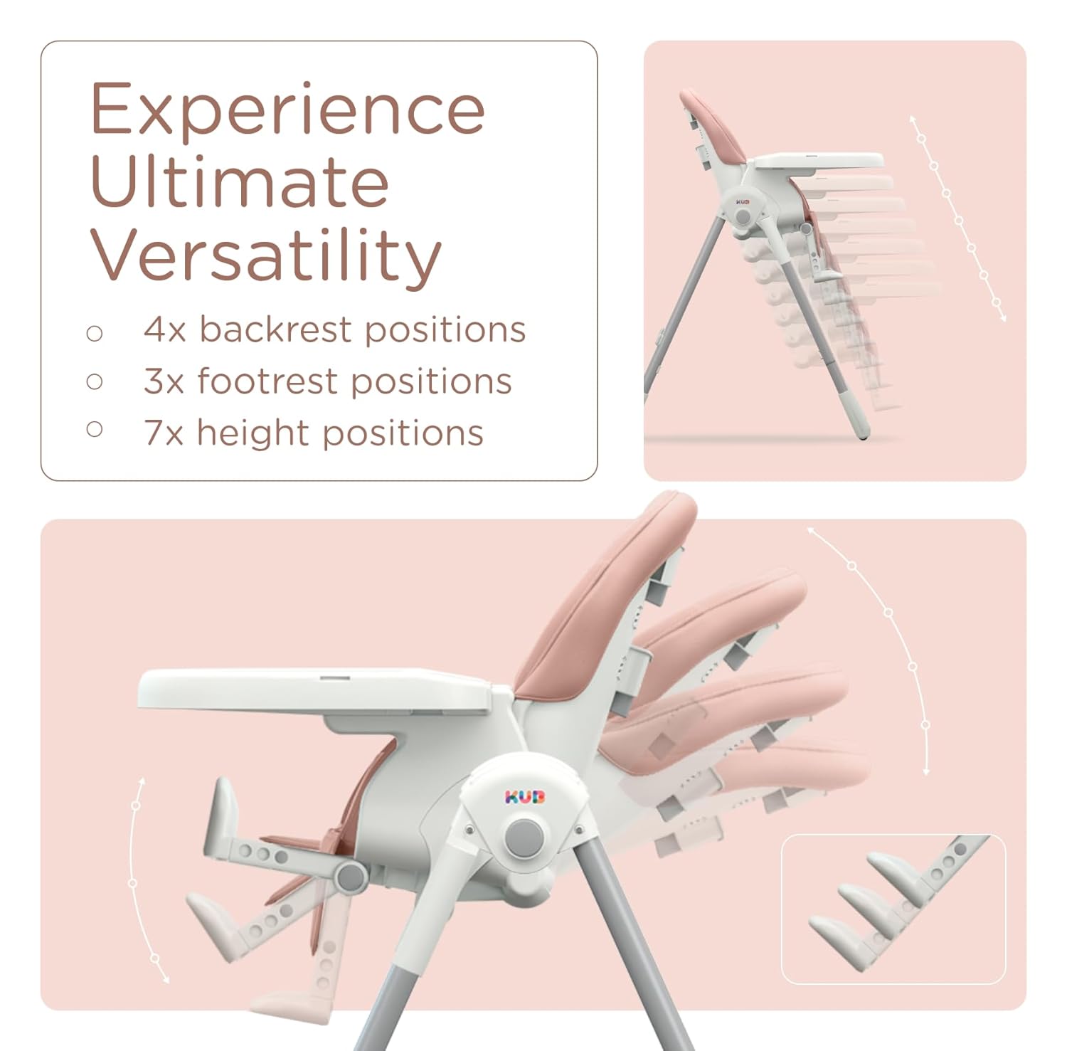 JBG Foldable Baby High Chair, Grey Faux Leather, Adjustable Height & Recline, Removable Tray, Locking Wheels, 5-Point Harness