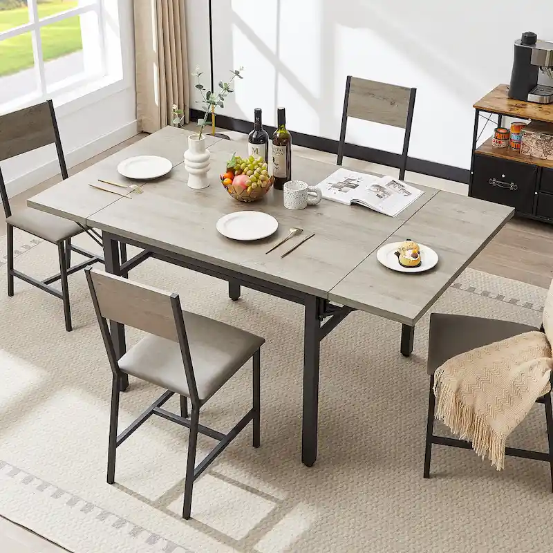 Extendable Drop Leaf Dining Table with Folding Sides and Metal Frame