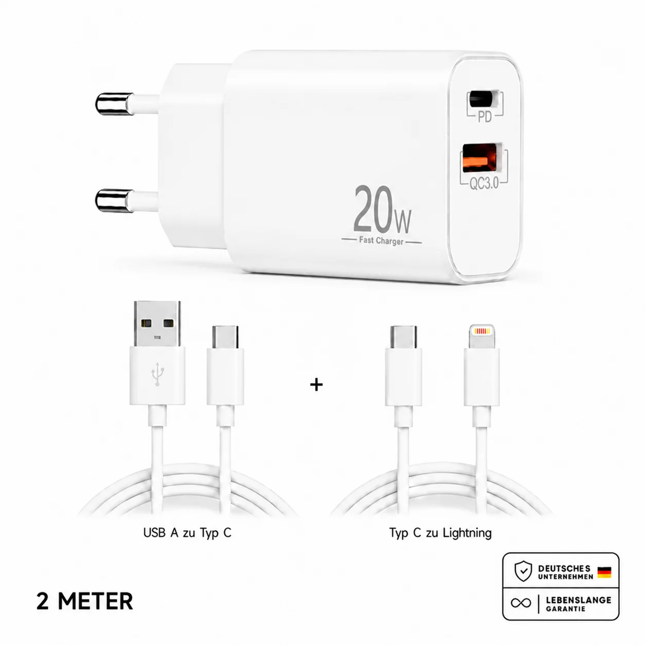 Schnellladegerät USB-C + USB-A Dual Netzteil Universal mit Kabel