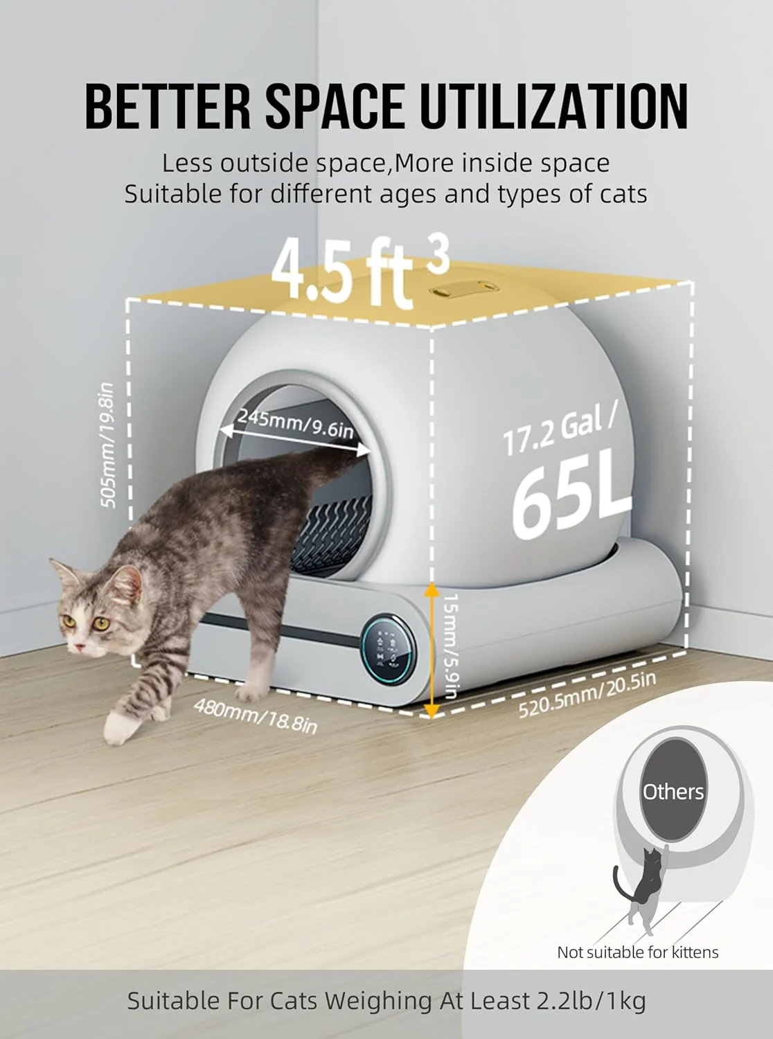Selbstreinigende Katzentoilette, Automatische Katzentoilette mit Matte und Einlagen, 65 l + 9 l gro?e Kapazit?t, Selbstreinigende Katzentoilette, App-Steuerung/Geeignet f��r mehrere Katzen �C Grau