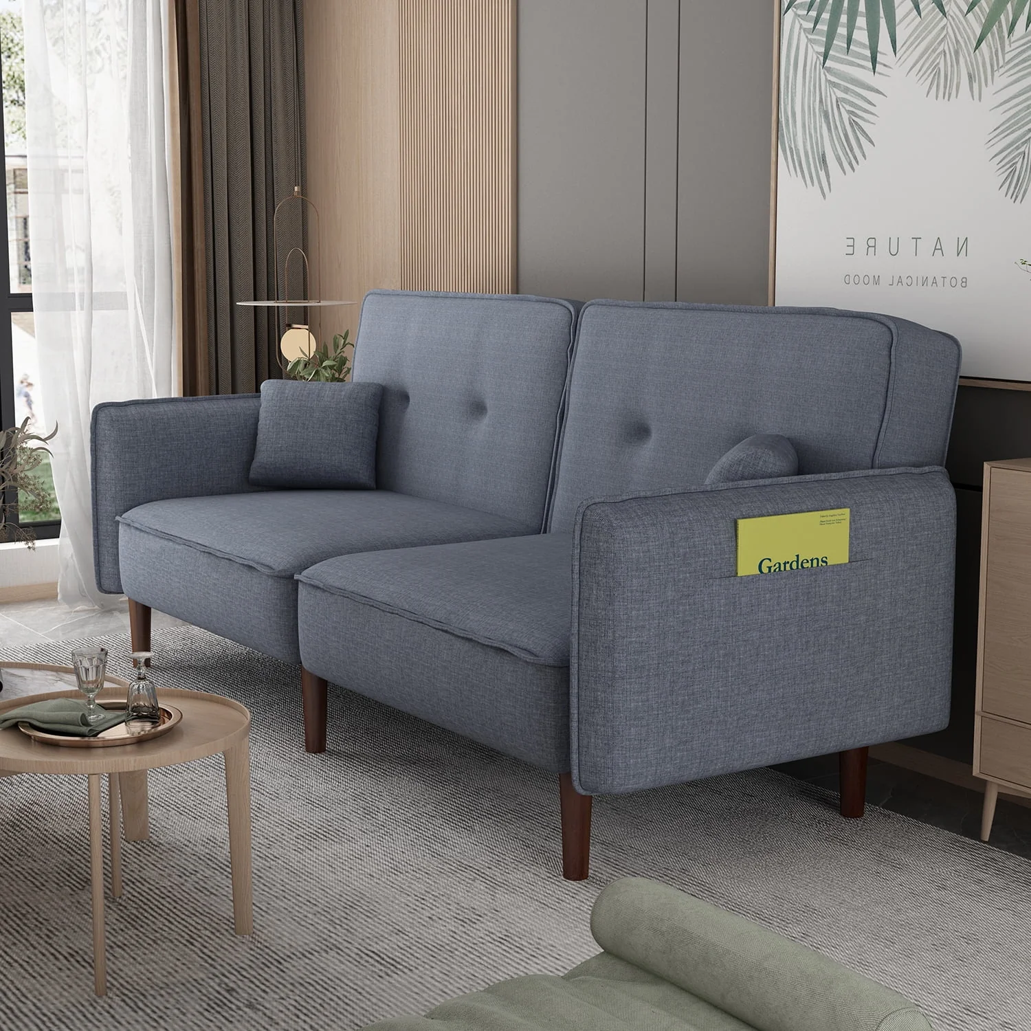 Sofá Futón Moderno Gris de Tela con Patas de Madera Sólida, Cama Convertible con Almohadas de Acento