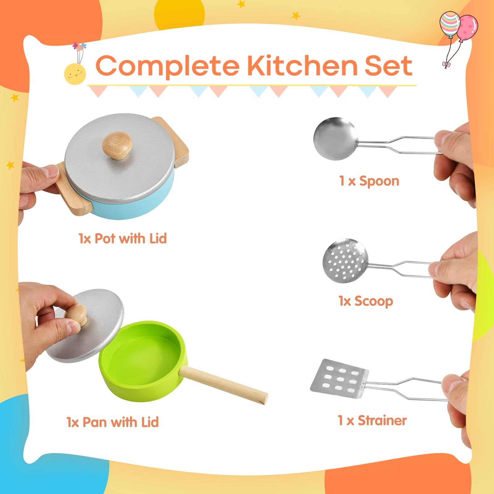 Topbuy Wooden Kids Toddlers Kitchen Playset Cooking Play Toy with Cookware Utensils Play Kitchen