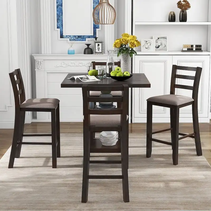 5-Piece Wooden Counter Height Dining Set with Cushioned Chairs and Storage Shelves