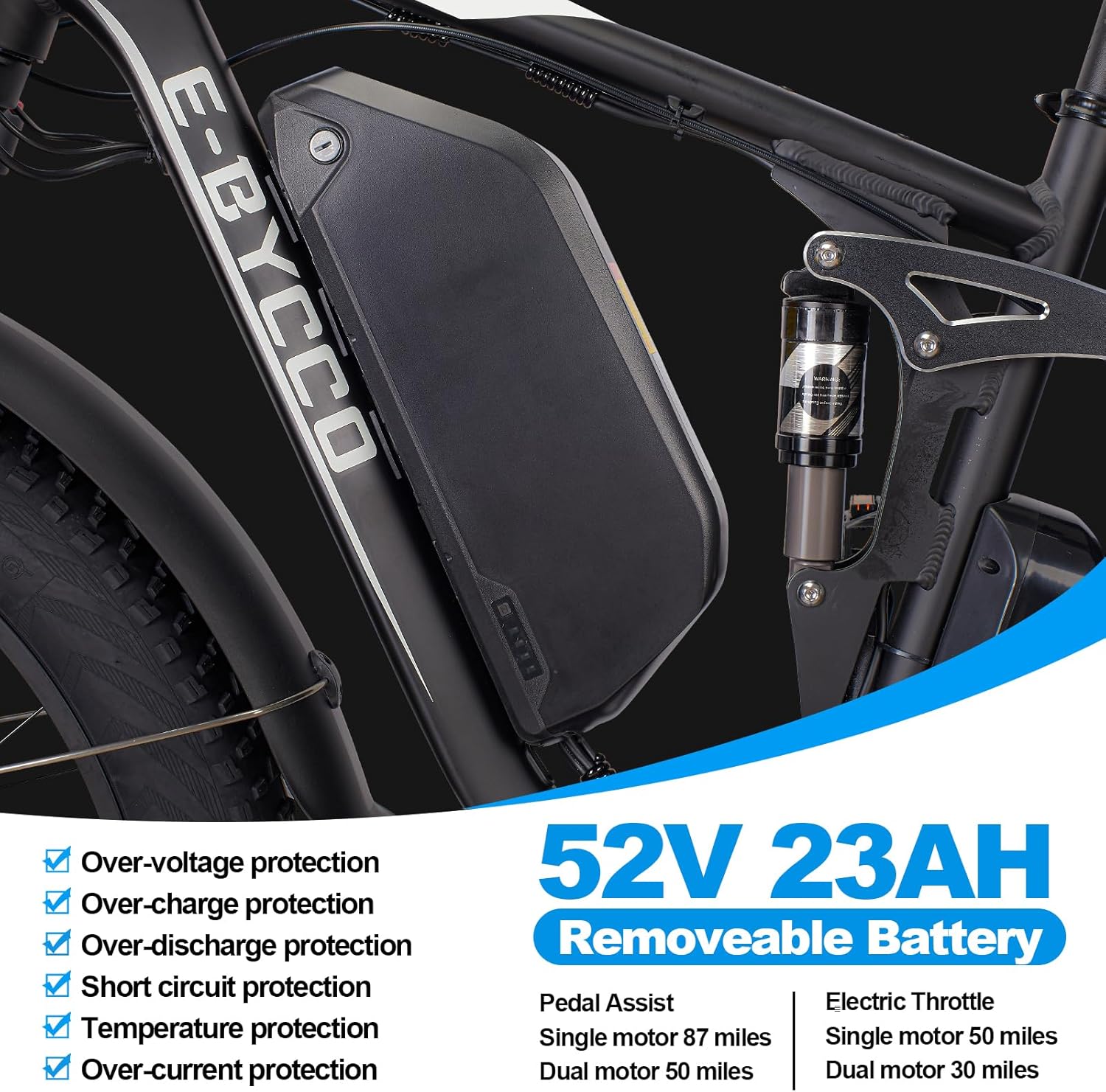 E·Bycco Dual Motors 2000W Peak 3000W Electric Bike for Adults, 37MPH 52V 23Ah Battery Bicycle, Full Suspension 26*4.0 Fat Tire Hydraulic Disc Brake E-Bike, Off-Road Mountain Hunting E-Bikes for Men