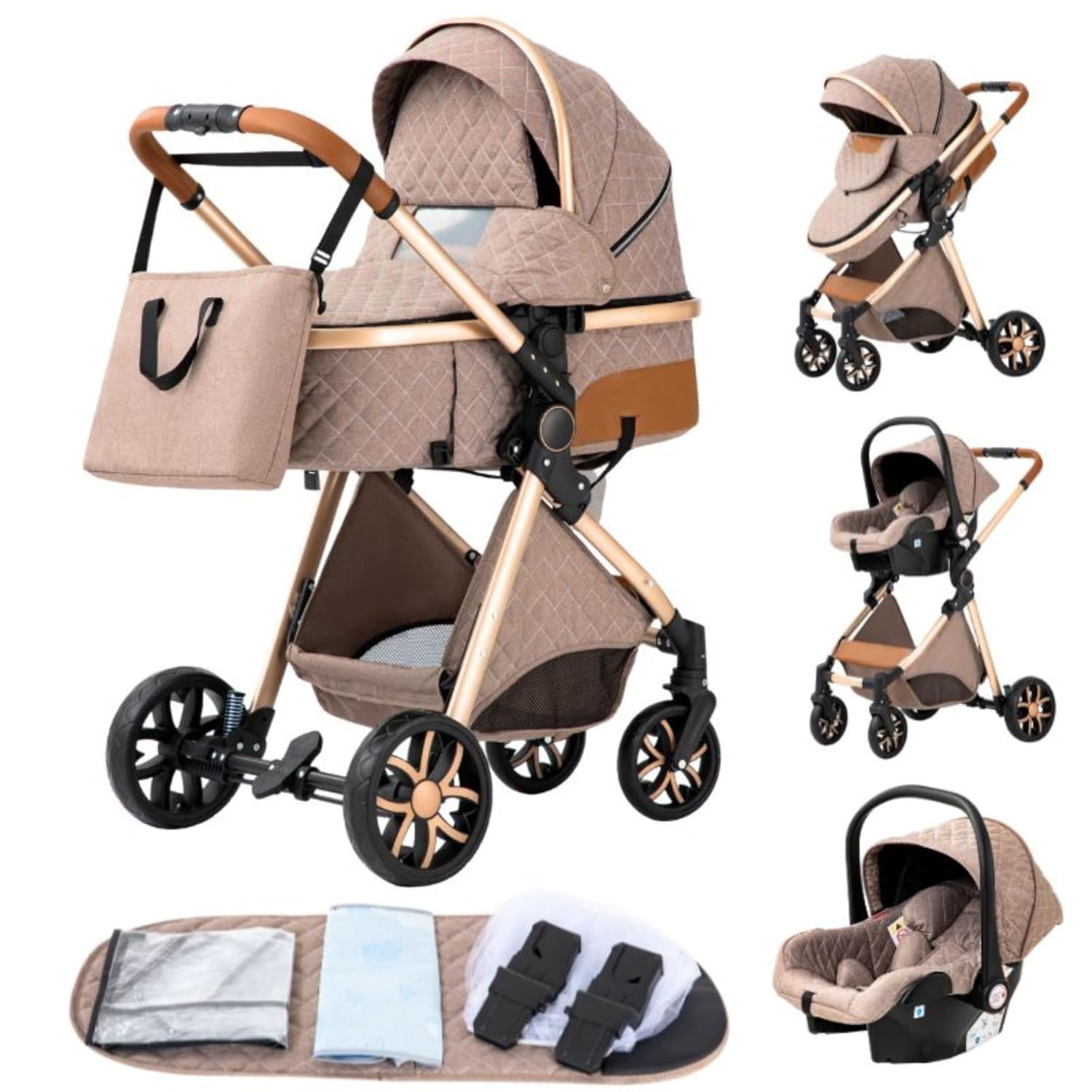 YAZOCO kinderwagen 3 in 1 Buggy Babybett Komplett Set Einem Klick Zusammenklappbarer Kinderwagen, KombiKinderwagen Aluminiumrahmen für Neugeborene Sitzzubehör (1 schwarz)
