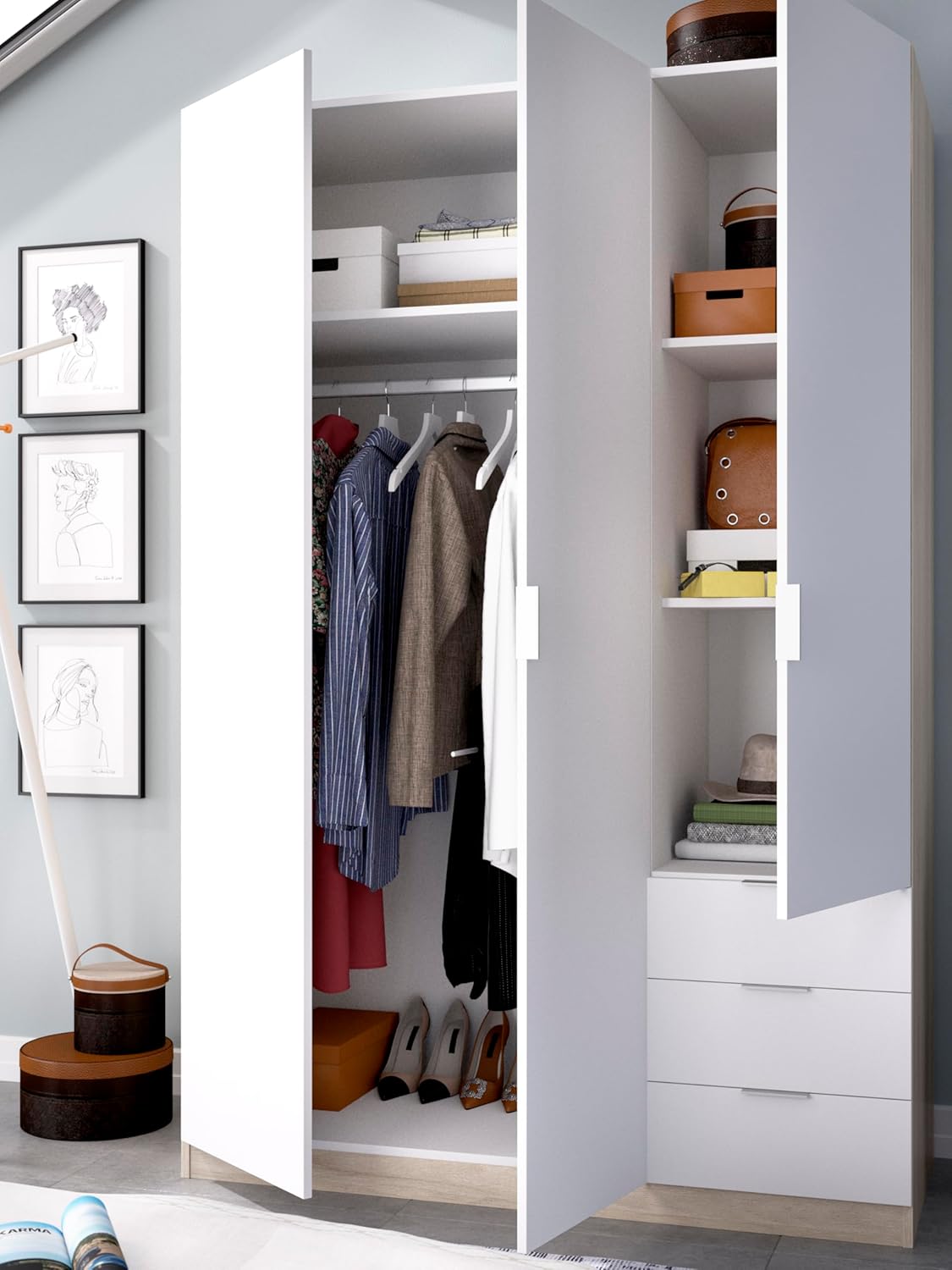 DEKIT GRUPO RIMOBEL Wardrobe with 3 Doors and 3 Drawers, Large Capacity, Natural/White, 121 x 184 x 52 cm