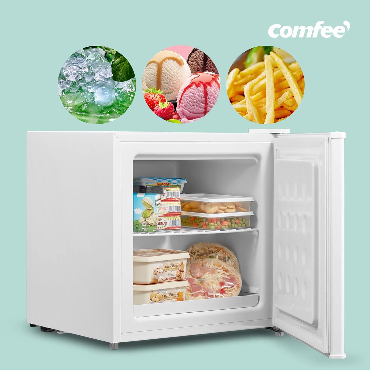 Comfee Freistehend, RCU40WH2(E) Mini Gefrierschrank/31L / 4-Sterne-Gefrierfach/Kompakte Größe/Reversibles Türscharnier/Verstellbare Standfüße / 147kWh/Jahr/Weiß