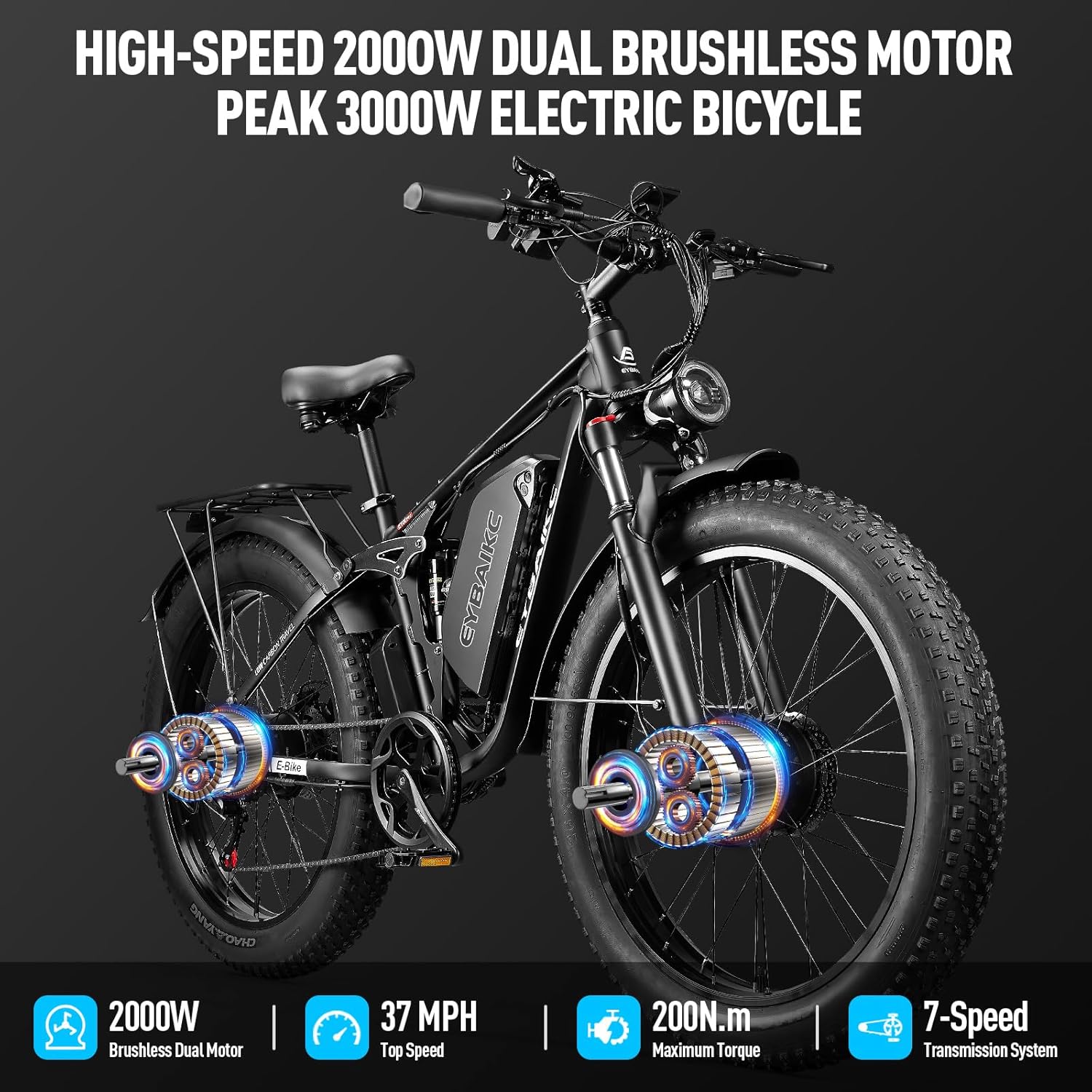EYBAIKC Electric Bike for Adults,Peak 3000W Brushless Dual Motor Ebike,52V23AH Electric Bicycle 26X4Fat Tire,Max Speed 37Mph E-Bike,Dual Hydraulic Disc Brake Electric Mountain Bike for Men Women