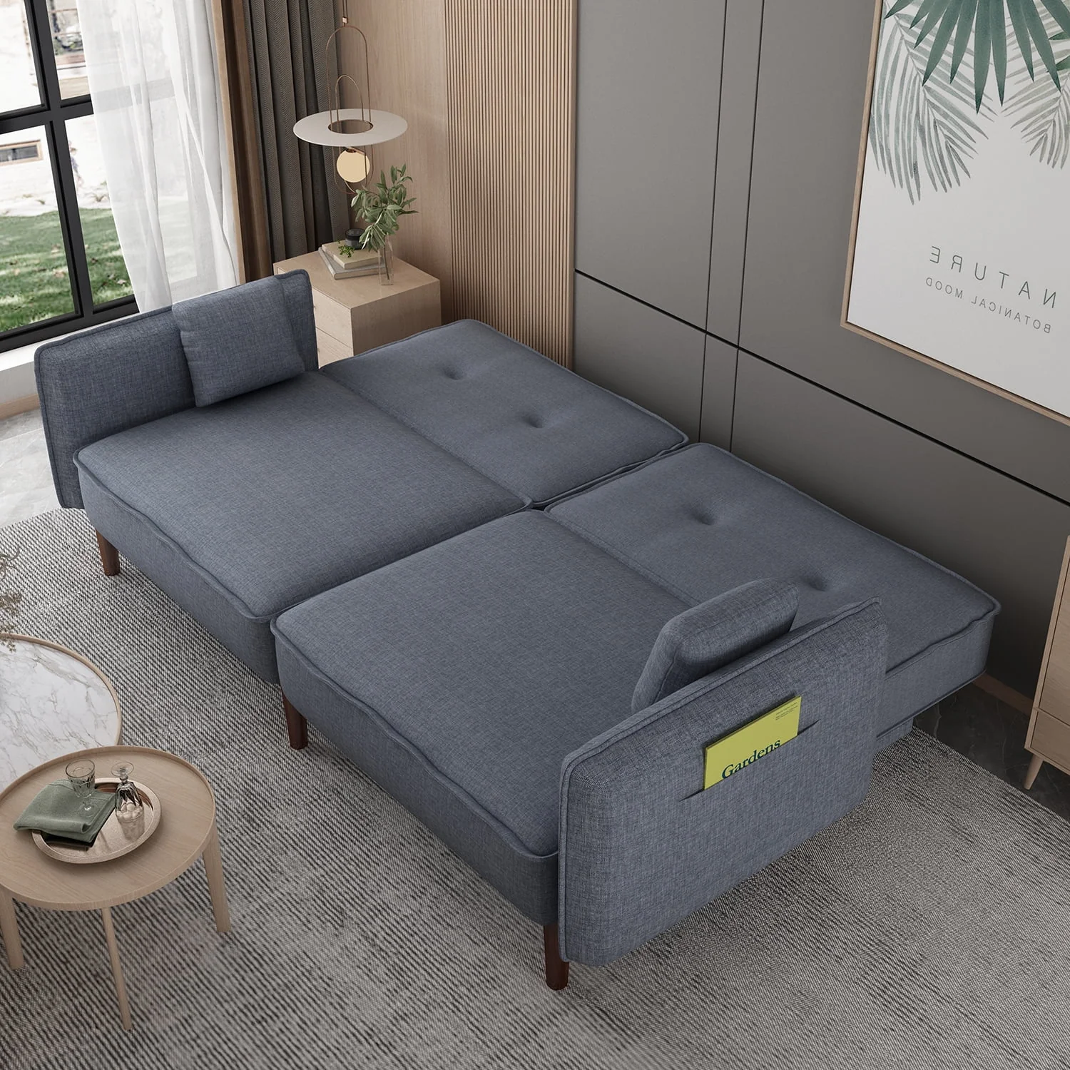 Sofá Futón Moderno Gris de Tela con Patas de Madera Sólida, Cama Convertible con Almohadas de Acento