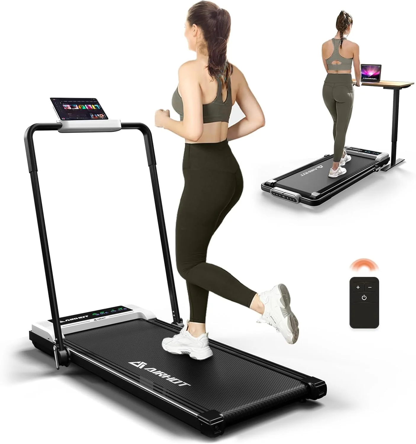 Loopband voor thuis-AIRHOT, 2,5 pk Walking Pad, loopband onder bureau met afstandsbediening en LED-display, maximale snelheid van 6 km/u OF 12 km/u. Compacte loopband voor thuis of op kantoor