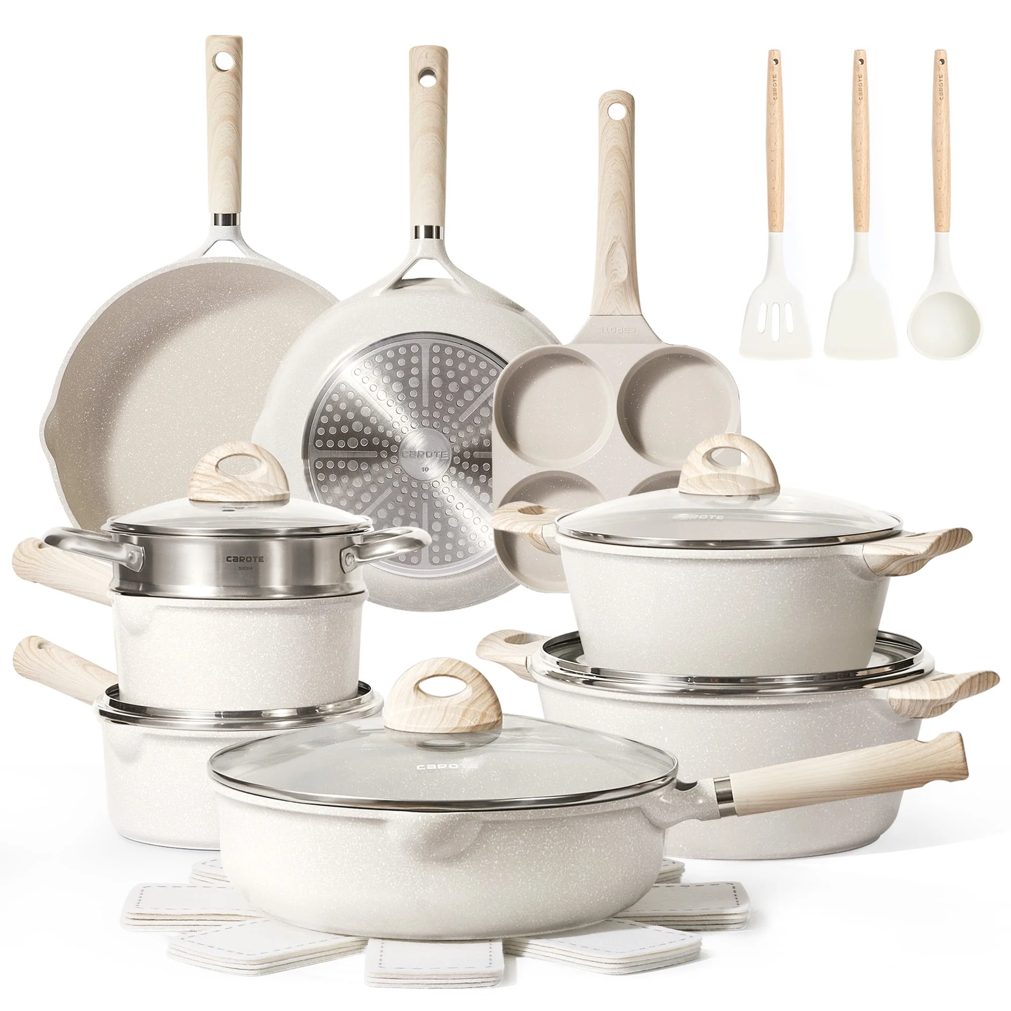 Carote Non Stick Pots and Pans Set, 21 Pcs Induction Kitchen Cookware Sets (Beige Granite)