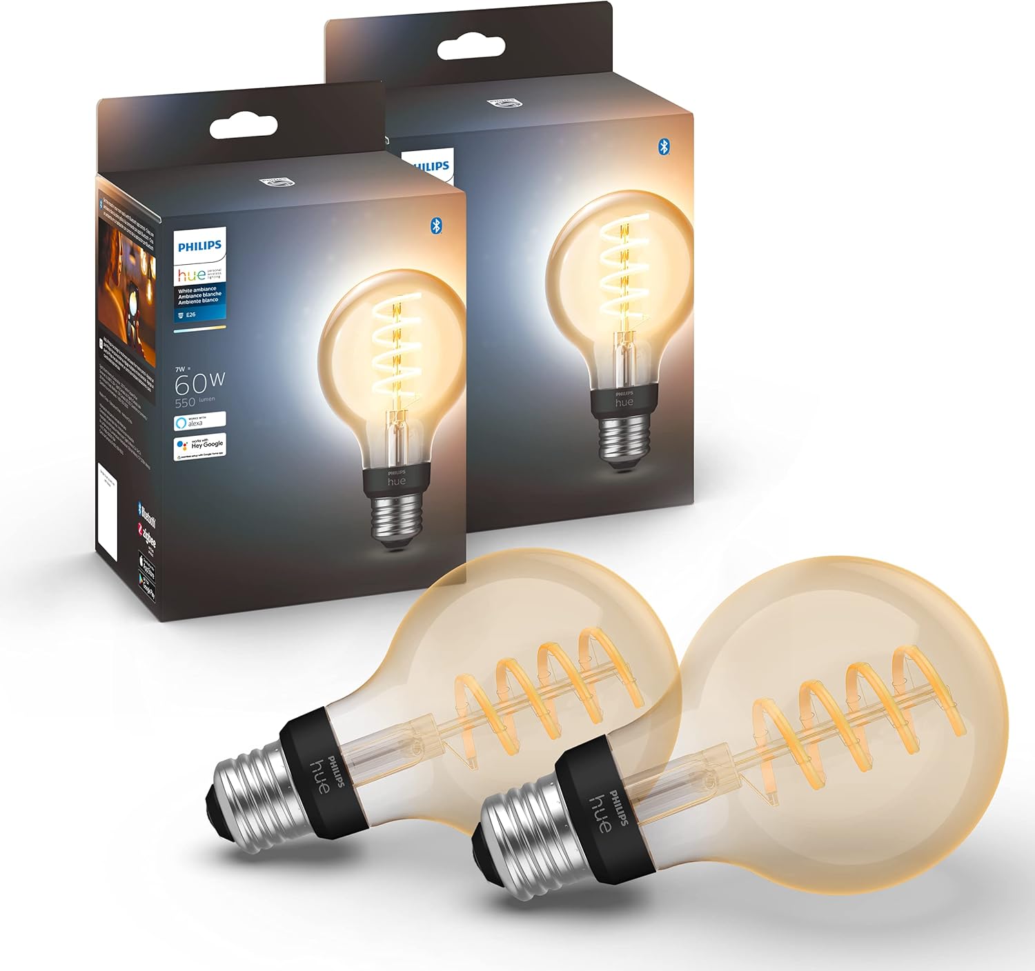 Philips Hue White Ambiance G40 LED Bulb 4-Pack, 550LM, E26, Smart Home Compatible with Alexa & Google Assistant