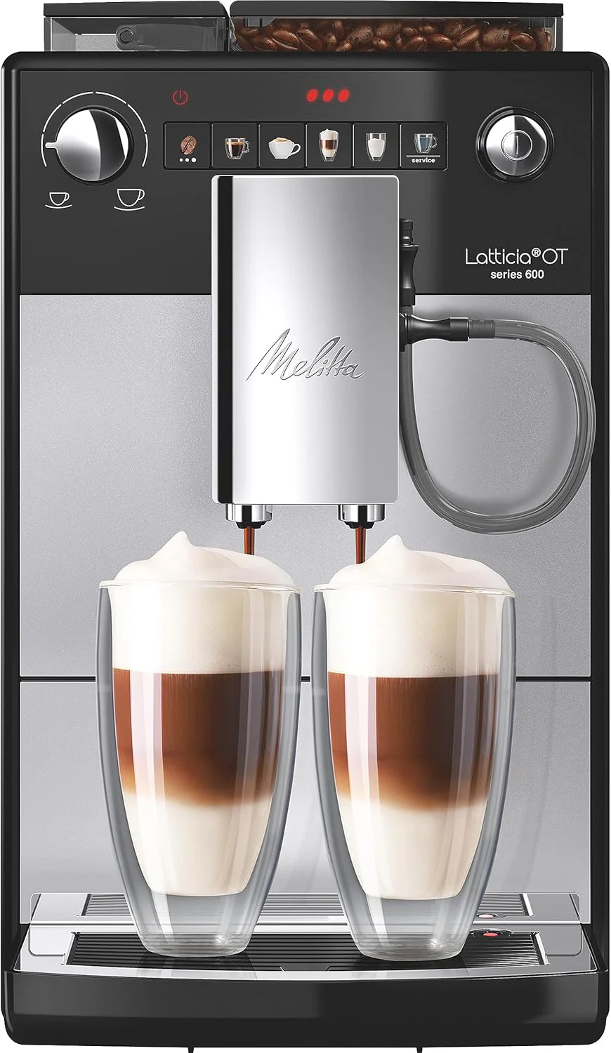 Melitta Latticia OT - Volautomatische koffiemachine met melksysteem, koffiemachine met bonenmaler voor bijv. koffie of cappuccino, zilver/zwart