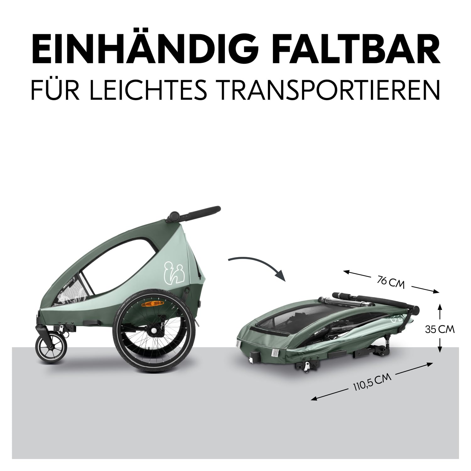 hauck Fahrradanhänger & Kinderwagen Dryk Duo Plus mit Federung, für 2 Kinder (6-48 Monate), inkl. Deichsel, Buggyrad, Fahne und LED Licht, Faltbar, Höhenverstellbar, XL Kofferaum (Dark Green)