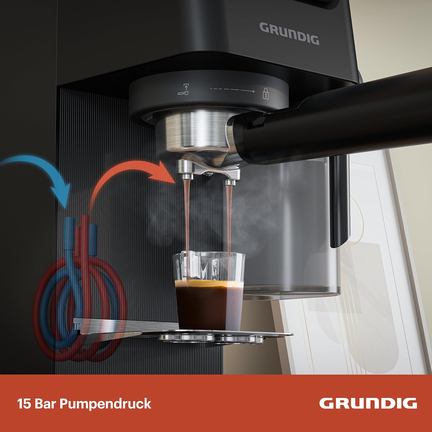 GRUNDIG KSM 5330 Siebträgermaschine mit integriertem Milchbehälter, 1628 W Leistung, 15 bar Pumpendruck, Zweifachdüse, farbiges Touch-Display, BrewSense, CreamyPro, Dark Inox/Schwarz