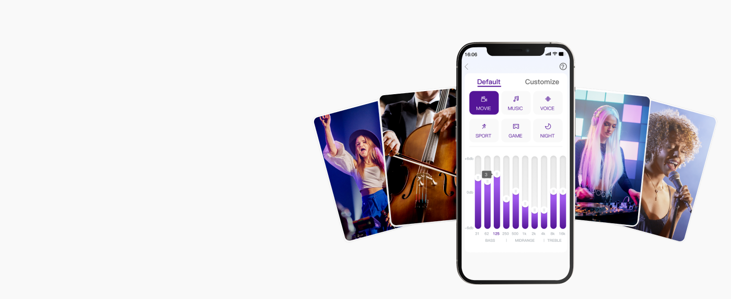 El smartphone muestra la interfaz de la aplicación con elementos gráficos morados, rodeada de varias tarjetas o imágenes con temas de entretenimiento desplegadas en abanico hacia la izquierda.
