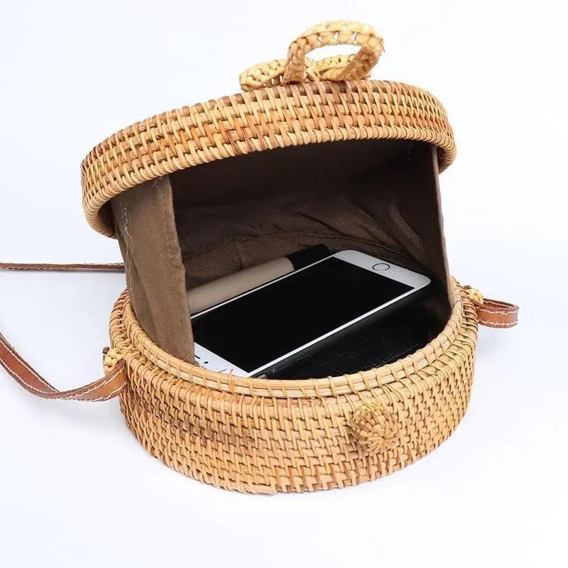 RattanpackTM Boho Round Woven Straw Bag – Handcrafted Rattan Crossbody Purse with Leather Strap