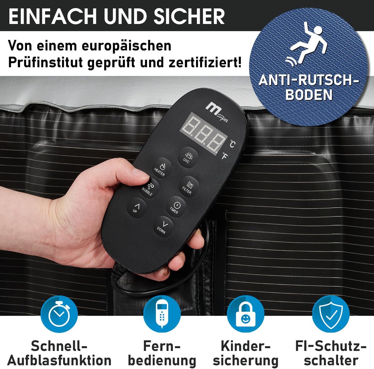 BRAST Whirlpool aufblasbar MSpa Starry mit LED Beleuchtung für 6 Personen Ø204x70cm In- Outdoor Pool 138 Massagedüsen Energiespar-Timer Heizung Bubble Wellness Massage