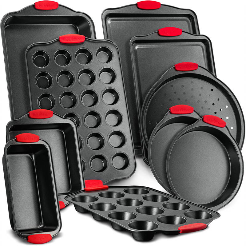 21-Piece Non-Stick Cookware Set with Red Silicone Handles – Oven Safe, Includes Saucepans, Dutch Oven, Frypans, and Baking Pans