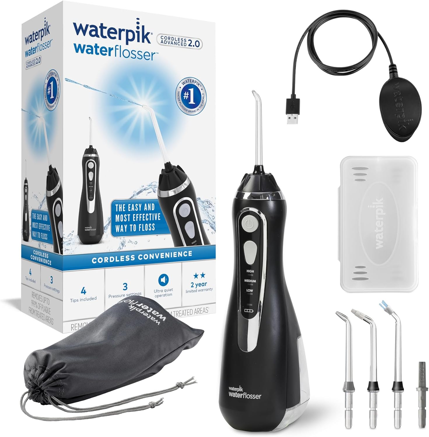 Waterpik sladdlös avancerad vattentandtråd, sladdlös golvdusch med tre vattentrycksinställningar, tar bort plack, perfekt för resor eller mindre badrum, USB-laddare, blå (WP-583EU)