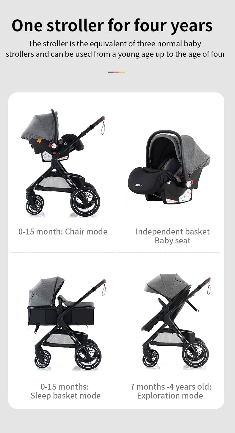 YAZOCO kinderwagen 3 in 1 Buggy Babybett Komplett Set Einem Klick Zusammenklappbarer Kinderwagen, KombiKinderwagen Aluminiumrahmen für Neugeborene (Schwarz)