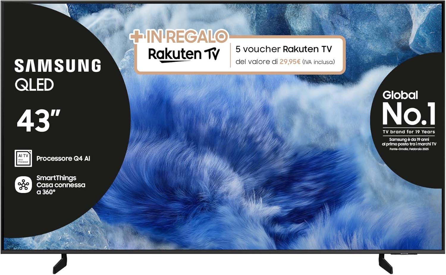 Samsung QLED 4K Vision AI Smart TV 43'' QE43Q8FAAUXZT, Q8F, Q4 AI Processor, 4K Upscaling, OTS Lite, Air Slim Design, 100% di Volume Colore con Quantum Dot, PACCHETTO INTRATTENIMENTO, 2025