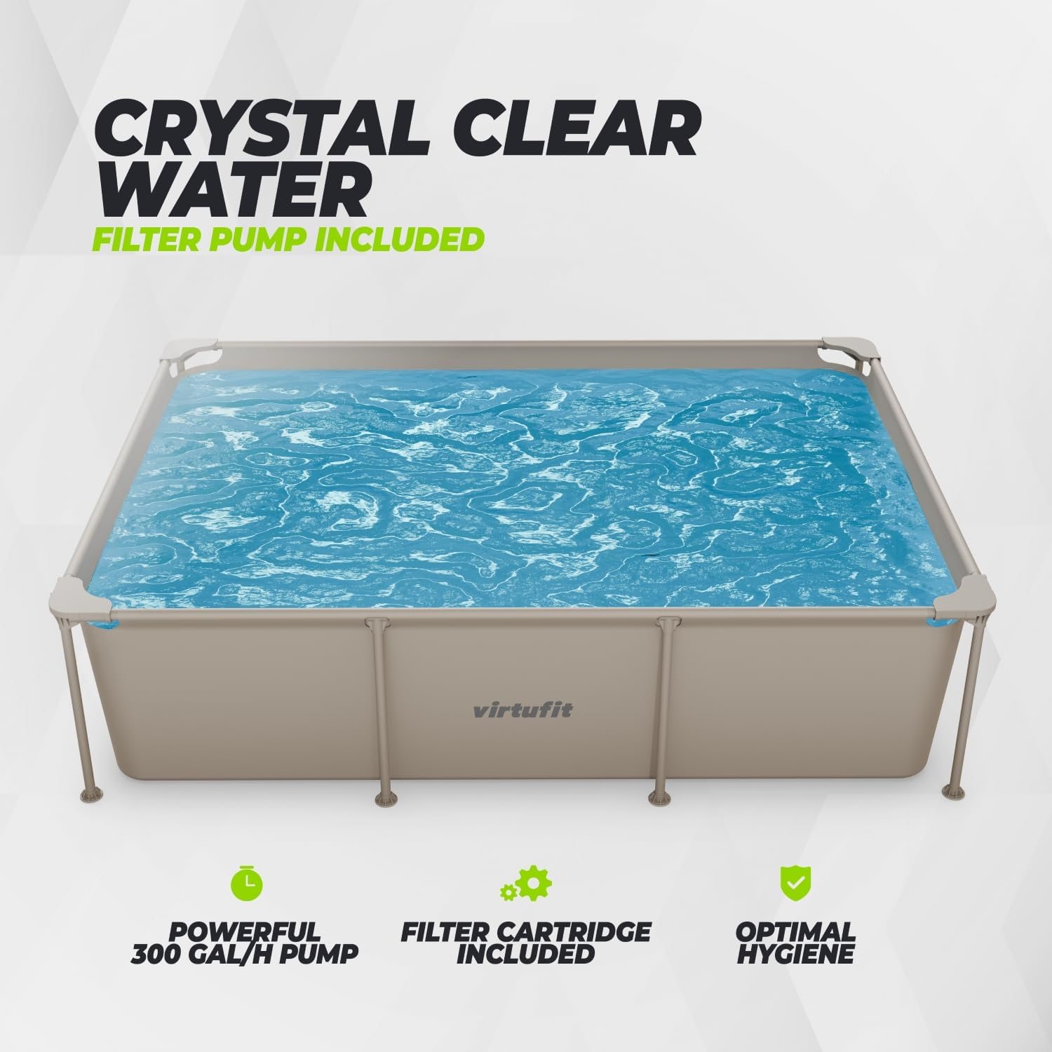 VirtuFit Piscina rectangular de 260 x 180 x 66 cm, color beige, ahorra espacio, marco estable, incluye bomba de filtro