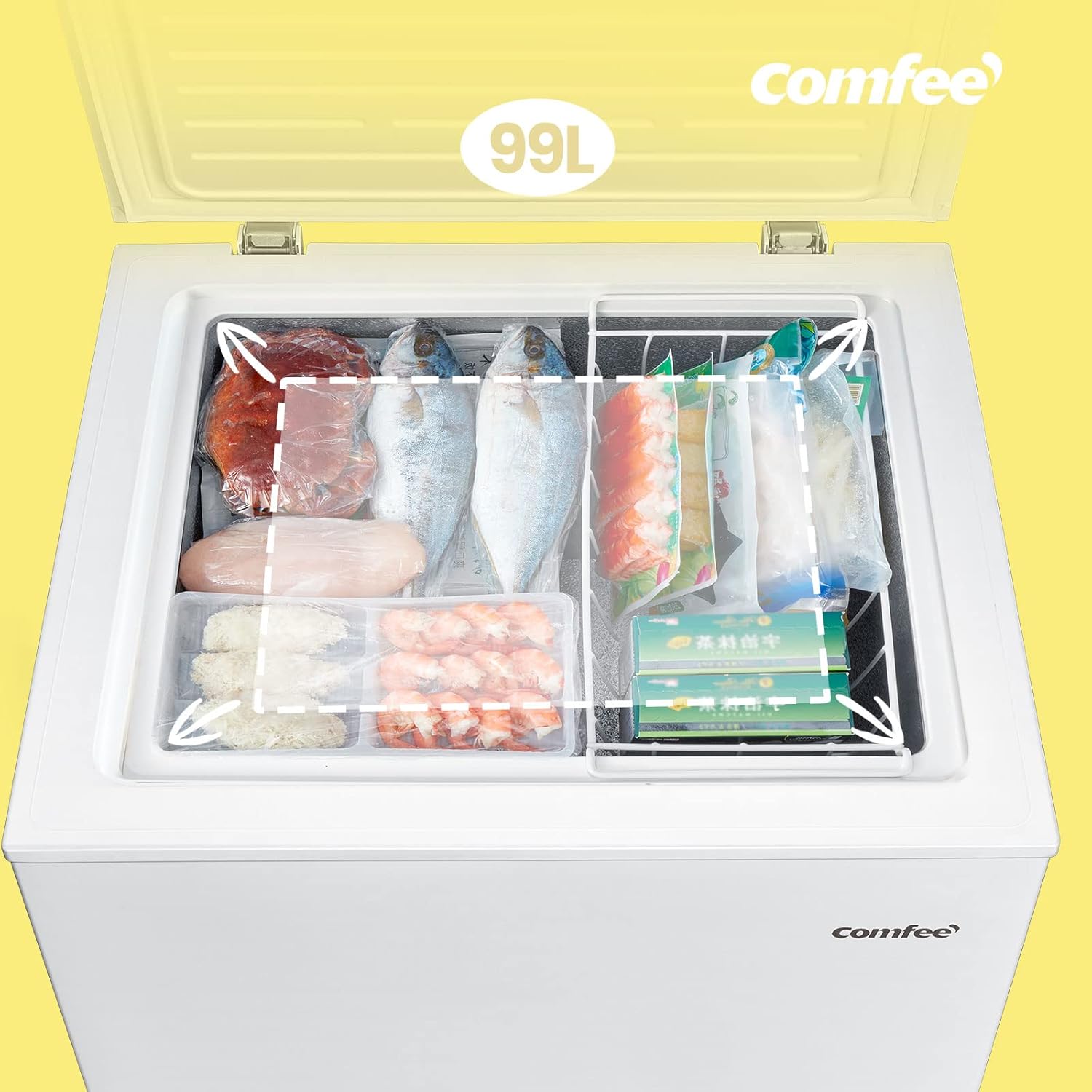 Comfee RCC100WH2(E) Gefriertruhe/169 kWh/Jahr/85cm hoch/99L/38dB/Geringe Lautstärke/Hoch effizientesD-förmigesRohr/Geeignet für verschiedene Einsatzszenarien/Einstellbarer Temperaturregler/Weiß