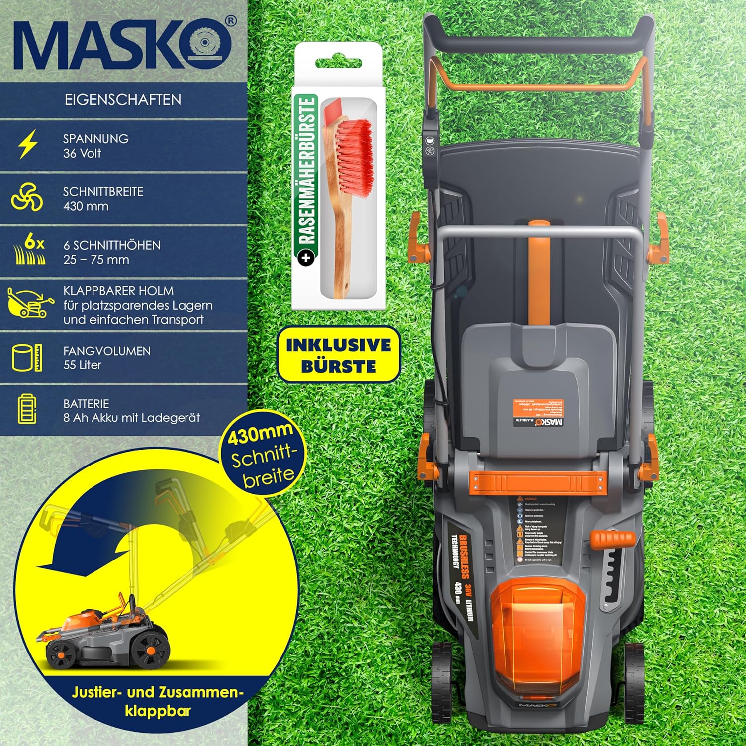 MASKO® Akku Rasenmäher mit Mulchfunktion, 2X Akkus Li-Ion Batterie 4Ah & Doppel-Ladegerät Rasentrimmer 43cm Schnitt-Breite 6X Höhenverstellbar 55L Fangkorb Flächen bis 650m² inkl. Handschuhe & Bürste