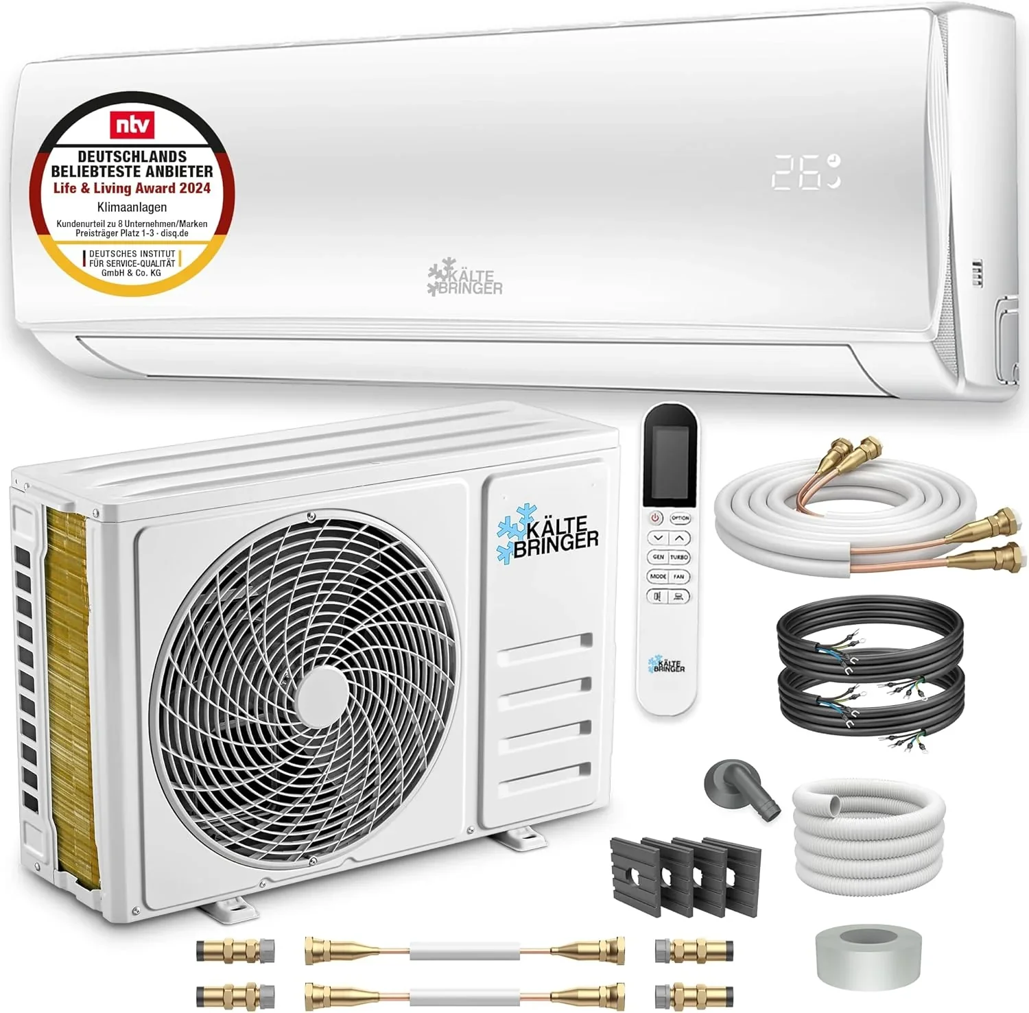 K?ltebringer Split Klimaanlage Quick Connect - 12000 BTU (3,4 kW) Klimager?t mit Heizfunktion, WiFi & App, bis 91qm, sehr leise - 5m Kupferleitung, K?ltemittel R32, Montagematerial, Wandhalterung