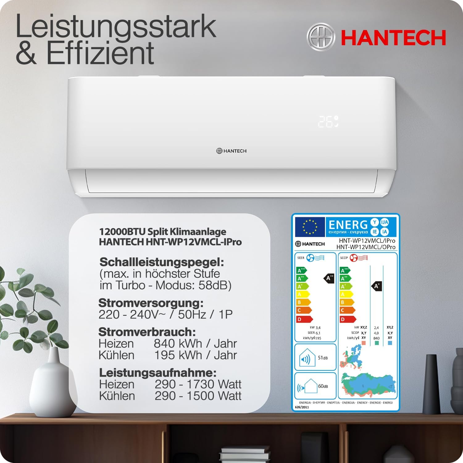 Split Klimaanlage 12000 BTU (bis 45m²) HANTECH H-PRO Heiz-&Kühlfunktion, Luftfilter, WIFI, Montagematerial weiß