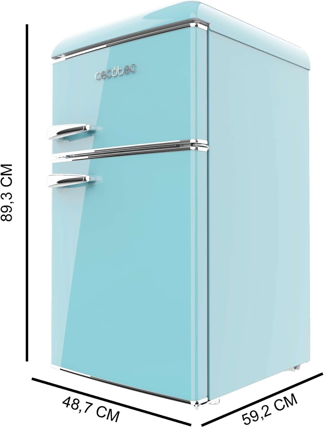 Cecotec Nevera Pequeña Frigorífico 2 Puertas Retro 86L Bolero CoolMarket 2D Origin 86 Blue E. 89,3cm de Alto y 48,7cm de Ancho, Clase Energética E, Icebox, Luz Interior y Tirador Cromado, Azul