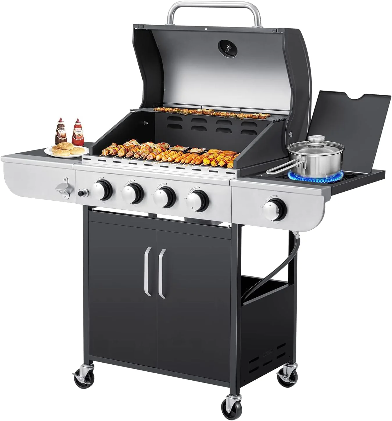 Upgraded 4 Burner BBQ Propane Gas Grill with Cast Iron Grates & Side Stove, 44,000 BTU Stainless Steel Burner Barbecue Grill for Patio, Camping, Outdoor Cooking MELLCOM