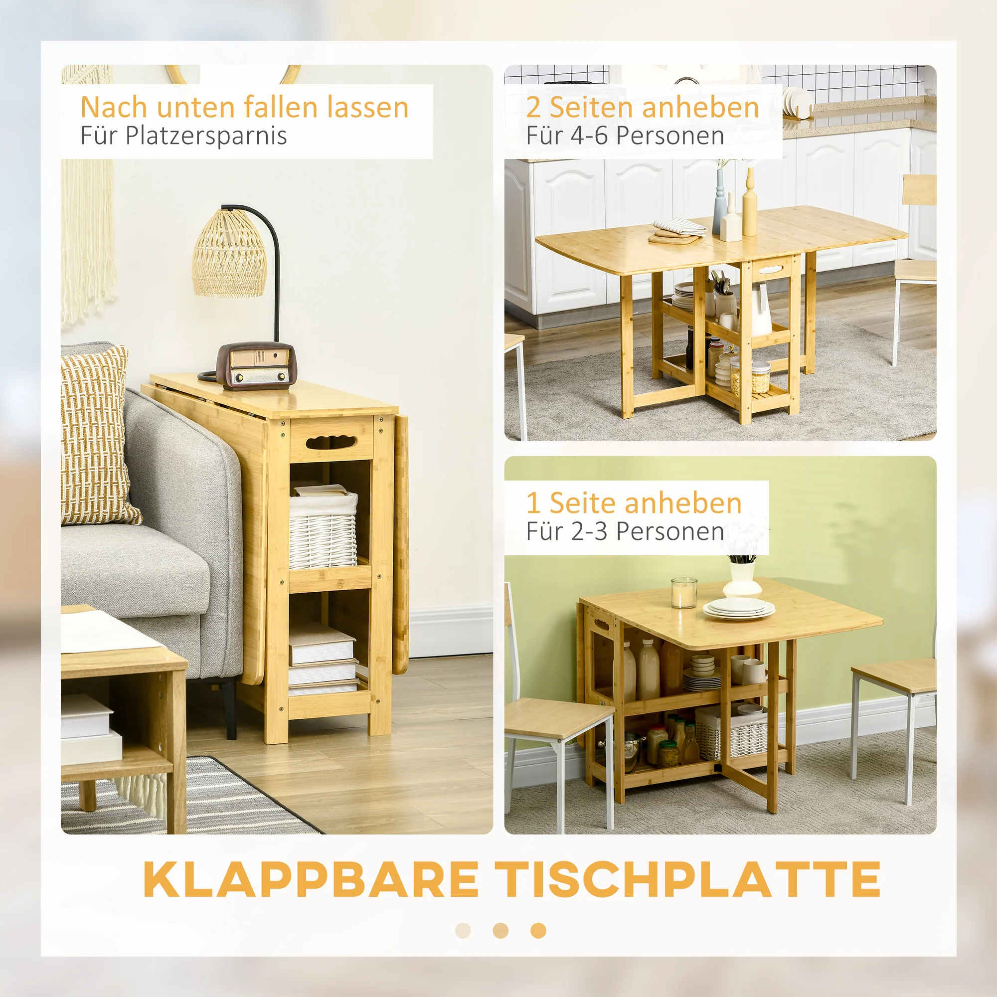 HOMCOM eettafel klaptafel met opbergvakken eetkamertafel keukentafel naturel hout