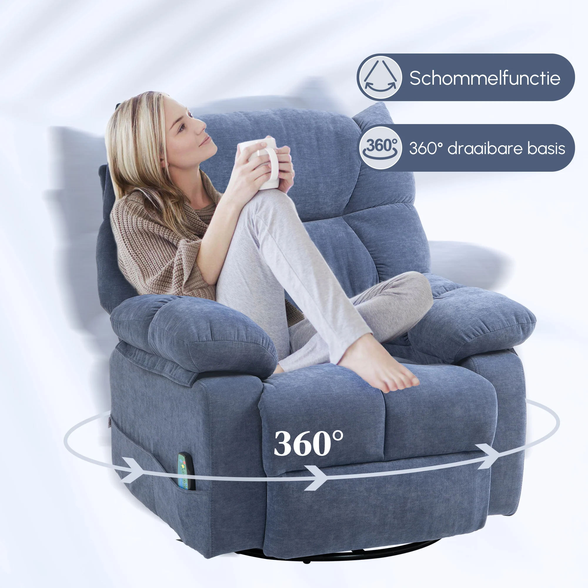 HOMCOM Massagestoel met Warmte- & Ligfunctie, Draaibaar, tot 150 kg, Metalen Frame, 98x90x98cm, Blauw