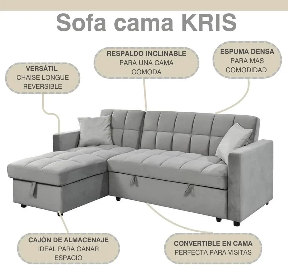 2026 Sofá Cama Chaise Longue 210x145 cm - Chaise Longue Reversible Ambos Lados con Arcón, Sofa Rinconera con Sistema de Arrastre, Armazón de Pino Macizo - Gris Terciopelo