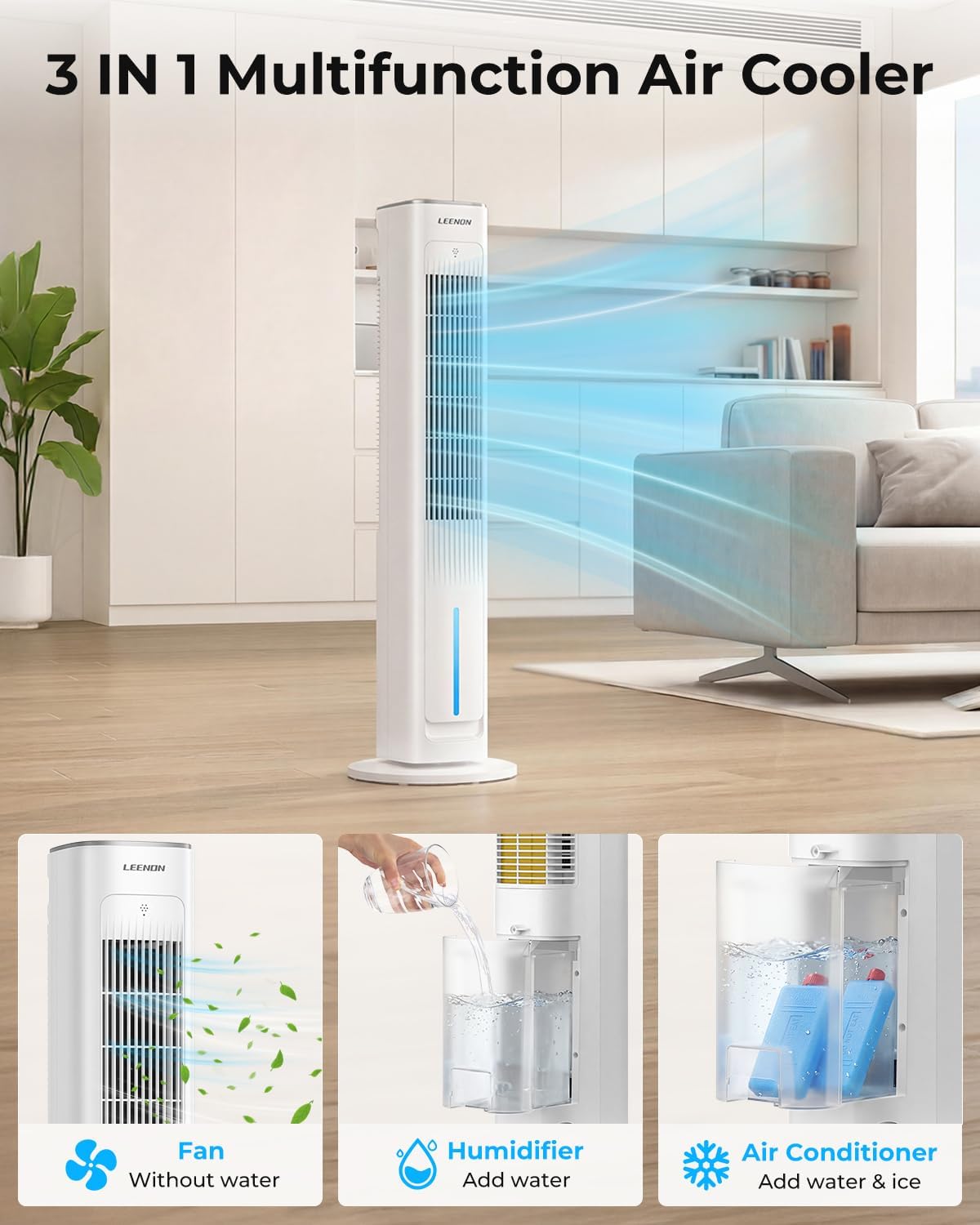 LEENON Verdunstungskühler 3-in-1, 38 Zoll Turmgerät mit 3L Tank, Fernbedienung, 3 Leistungsstufen, 3 Betriebsmodi, 12H Timer für Schlafzimmer und Büro