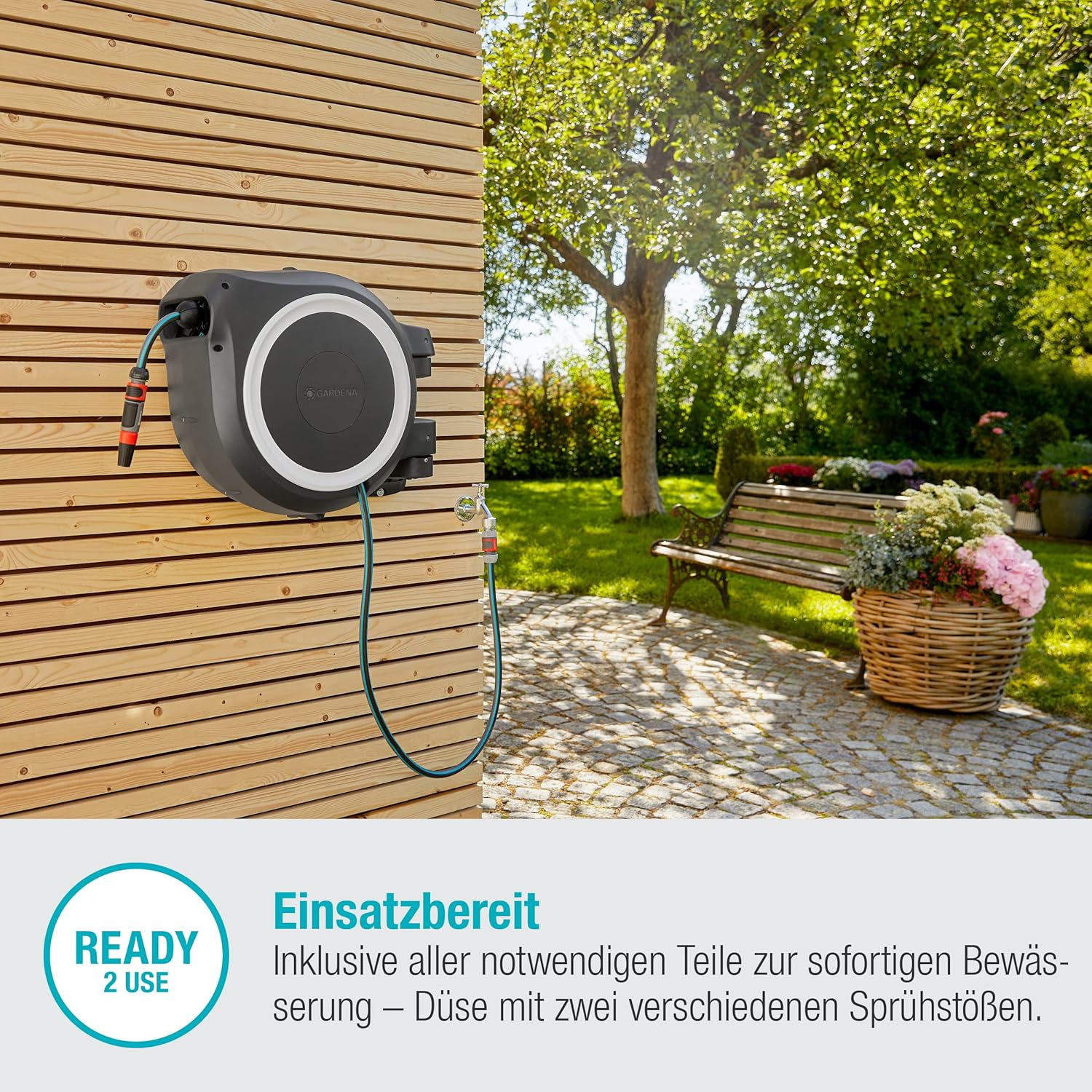 Gardena Wand-Schlauchbox RollUp M/L (weiß) 25 m: flexible Bewässerung für mittelgroße bis große Gärten, Schwenkbare Schlauchbox, inkl. 25 m Gardena Qualitätschlauch und Montagehilfe (18622-20)