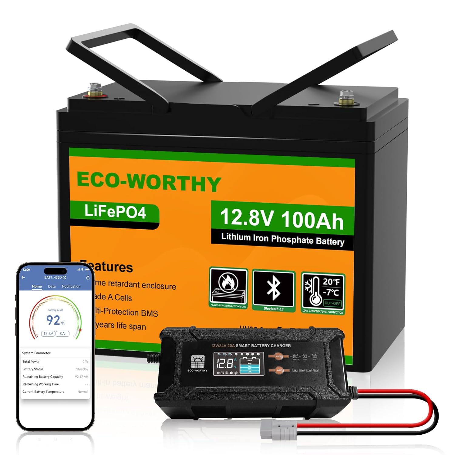 ECO-WORTHY 12V 100Ah LiFePO4 Bluetooth mit 12/24V 20A Ladegeräte,Lithiumbatterie 12V 100AH mit BMS Low Temperature Schutz für Wohnmobil,Boot,Wohnwagen