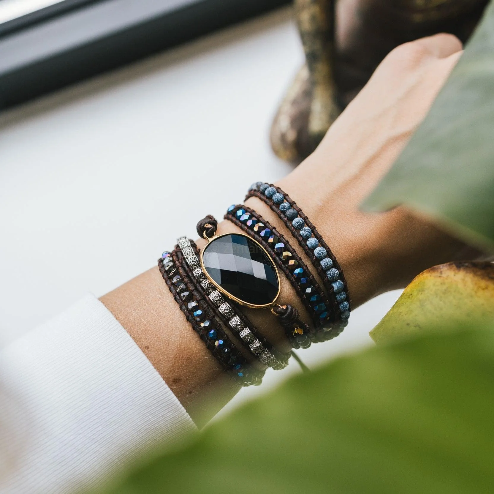 Wikkelarmband - Onyx - Labradoriet & Agaat - Grof Geslepen - Focus